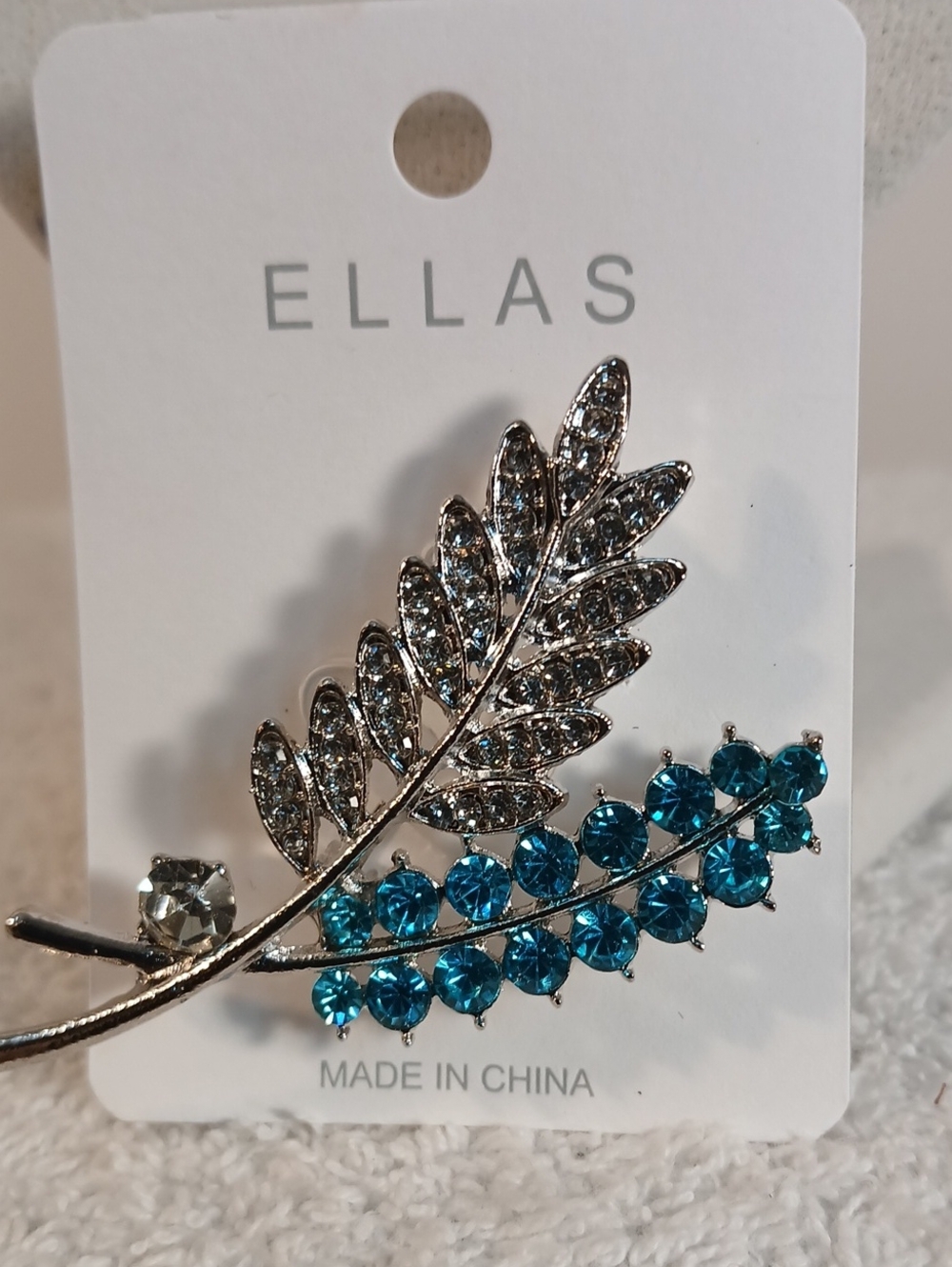 Ellas Silver-Tone Leaf Brooch with Teal Blue & Clear Crystals